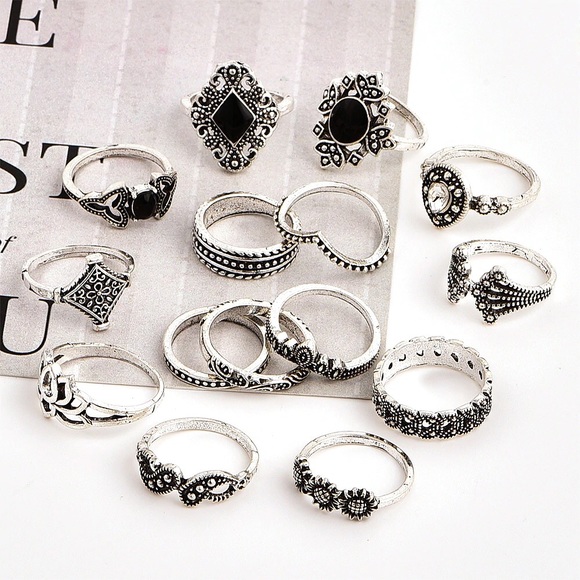 15 Piece Silver Bohemian Retro Ring Set - Picture 4 of 6